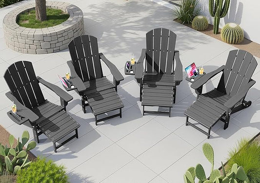 KINGYES Adjustable Folding Adirondack Chair with Footrest & 4-in-1 Multi-Functional Armrest Organizer Set of 4, HDPE Foldable Reclining Adirondack Chair with Pull-Out Ottoman, Grey