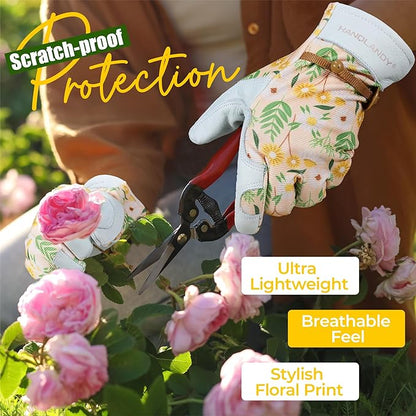 HANDLANDY Gardening Gloves for Women, Breathable Ladies Leather Garden Yard Gloves Best Gift for Gardeners