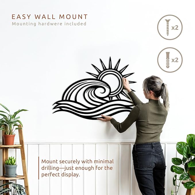 Wita Home Ocean Wave Metal Wall Art, Sun Beach Decor, Coastal Large Wall Sculpture for Home, Indoor/Outdoor Use, Nautical Wall Hanging, Eye-Catching Addition to Living Room (Black, 40 x 23 inches)