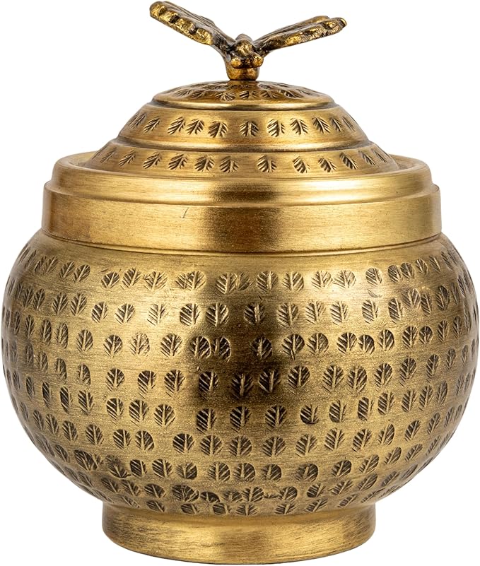 Creative Co-Op Round Hammered Metal Container with Butterfly Finial, Brass Finish