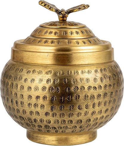 Creative Co-Op Round Hammered Metal Container with Butterfly Finial, Brass Finish