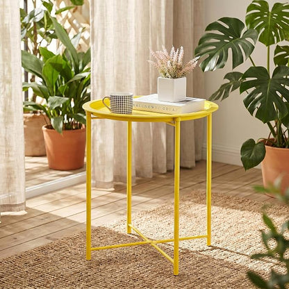 VECELO Side/End Table, Folding Round Metal Anti-Rust and Waterproof Outdoor or Indoor Tray for Living Room Bedroom Balcony and Office, 1 PCS,Yellow