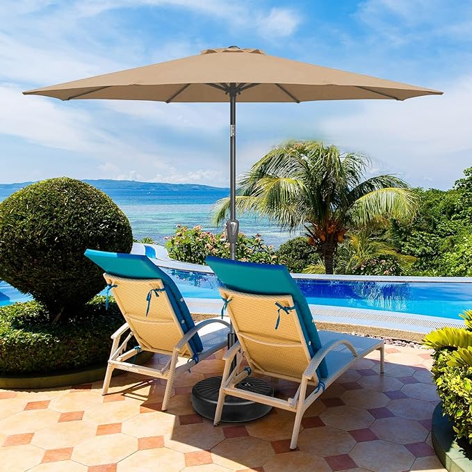 Simple Deluxe 9FT Outdoor Patio Umbrella Table Market Umbrella with Push Button Tilt and Crank, 8 Sturdy Ribs, UV Protection Waterproof for Garden, Lawn, Deck, Backyard, Pool,Tan