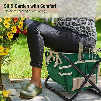 GardenHOME 7-Piece Green Gardening Tool Set – Stainless Steel Tools with Wooden Handles, Folding Stool & Canvas Tote, Durable Garden Kit for Every Gardener
