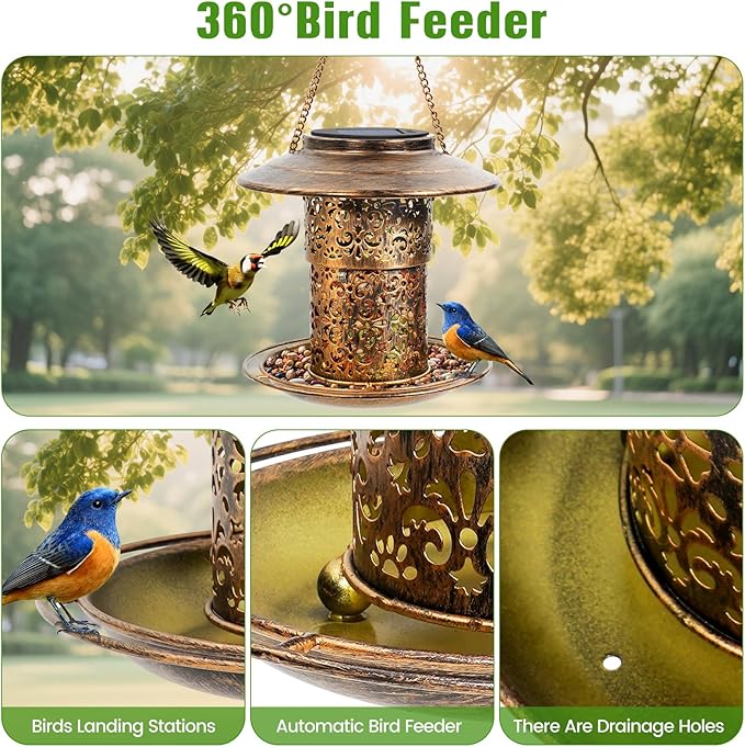 DY-SKTY Metal Bird Feeder for Outdoor Hanging, Large Capacity Solar light Wild Bird Feeder with Drainage Holes,Landing Ring, Solar Lanterns for Garden Decoration, Unique Bird Watching Gift for Outside