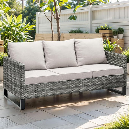Rilyson Wicker Outdoor Couch Patio Sofa - 3 Seater Rattan Outdoor Patio Couch with Waterproof Wicker,Comfortable Cushions and Sturdy Metal Frame for Outside Porch Deck Backyard(Mixed Grey/Beige)