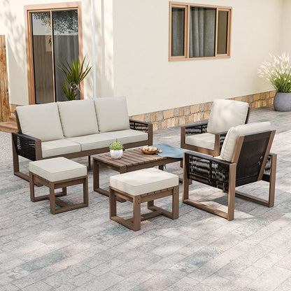Rustic Hideaway Natural Cedar Wood Outdoor Furniture Set, Wicker Patio Conversation Set for Porch Garden Backyard, Couch, 2 Patio Chairs, Table and 2 Ottomans, 6 Piece, Brownish/Beige