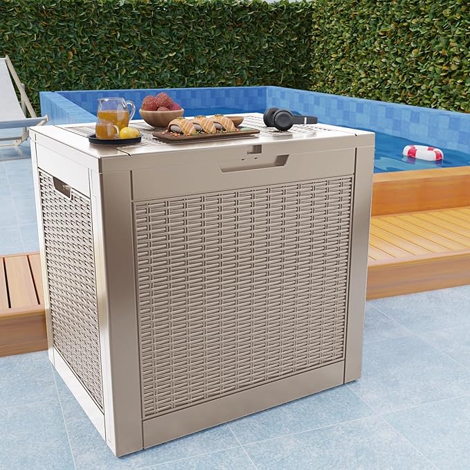 30 Gallon Deck Box, Waterproof Resin Rattan Outdoor Storage Box Lockable for Patio, Fade Resistant Ourdoor Side Table & Organizer for Garden Tools, Pool Floats, Outdoor Cushions, Light Coffee