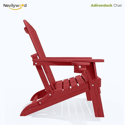 nevilywood Folding Adirondack Chair with Cup Holder,HDPE All-Weather Patio Chairs,Plastic Outdoor Chairs- Looks Exactly Like Real Wood-Red