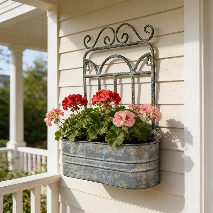 Rustic Metal Wall Planter Country Garden Wall Hanging Mount Vase Pocket Outdoor Vintage Hanging Pot Farmhouse Wall Decor for Plants Flowers (Blue)