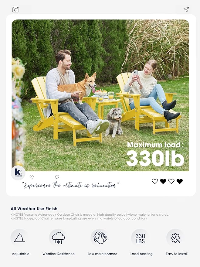KINGYES Folding Adjustable Adirondack Chair with Ottoman & 2 Cup Holders Set of 4, HDEP Multifunctional Adirondack Chair with Footrest, Yellow