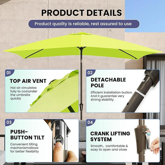 Ayge 6.5x10FT Rectangular Patio Umbrella Outdoor Table Umbrella w/Push Button Tilt & Crank Rectangle Market Umbrella UV Protection for Garden,Deck,Lawn,Yard & Pool,Lime