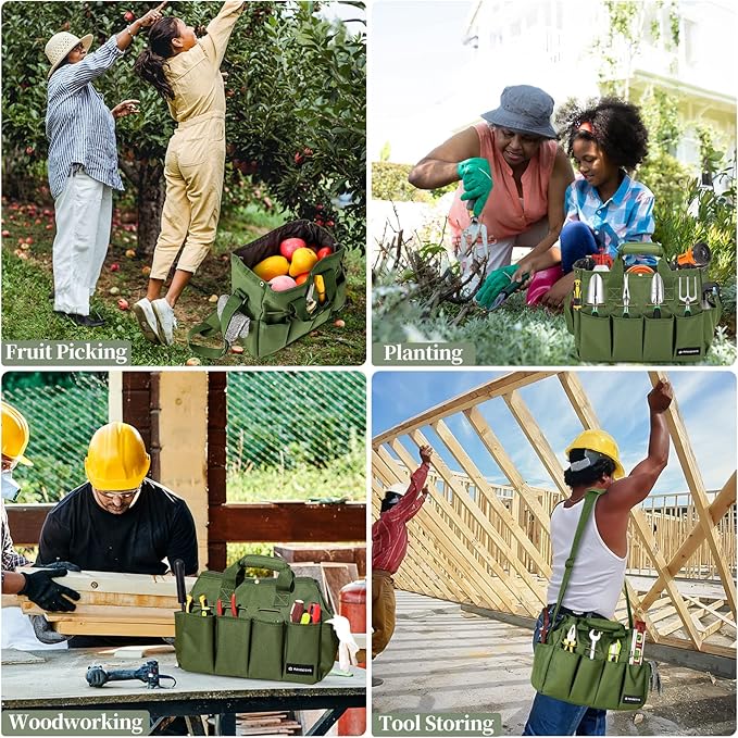 Raynesys Garden Tote Bag, Gardening Tool Bag Organizer with Pockets & Handle, 900D Heavy Duty Garden Storage Bag with Long Adjustable Shoulder Strap for Tools, Green