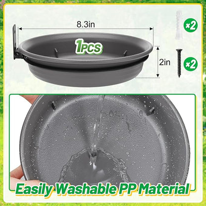 Fence Bird Feeders Tray - Tree Mounted Wild Bird Bath for Outdoors Place Food Water, Installed on Deck Wall Stakes with Heavy Duty Iron Ring, 8.3'' Dia. (Grey)