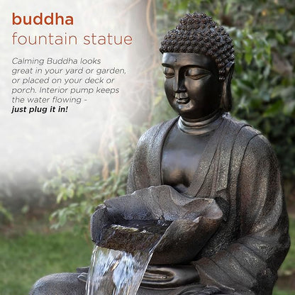 Alpine Corporation WIN1170 53" Outdoor Floor Calming Buddha Statue Waterfall Fountain – Realistic Stone Look, Water Feature for Garden, Patio, Yard, and Outdoor Spaces, Gray