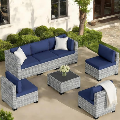 7-Piece Outdoor Rattan Sectional Sofa Set, Gray Wicker Patio Furniture Sets with Navy Blue Cushions for Balcony, Porch, Backyard