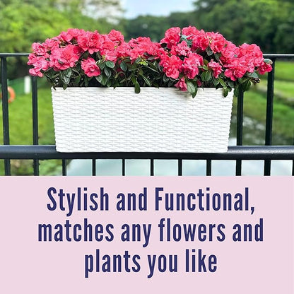 LaLaGreen Outdoor Rail Planter for Balcony (20 Inch, 2 Pack) Large White Self Watering Railing Planters with Brackets, Rectangular Plastic Fence Modern Window Boxes Designer Choice with Rattan Pattern