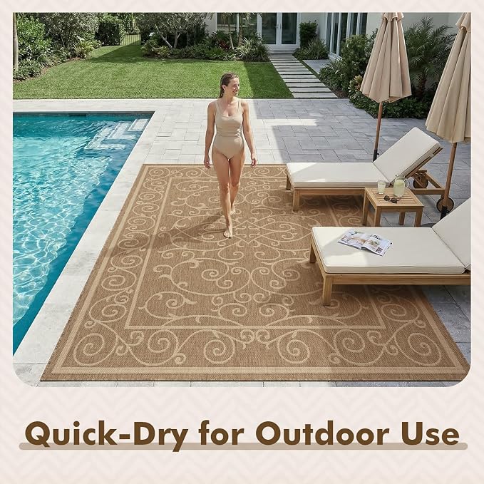 MontVoo-Outdoor Rug-Patio Rug 8x10 ft Polypropylene Indoor Outdoor Rugs Outdoor Carpet for Patio Deck Balcony Porch, Textured Weave, Durable for High Traffic, Fade-Resistant, Vintage Neutral Brown