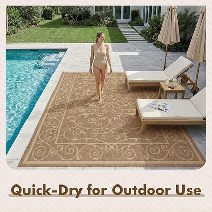 MontVoo-Outdoor Rug-Patio Rug 8x10 ft Polypropylene Indoor Outdoor Rugs Outdoor Carpet for Patio Deck Balcony Porch, Textured Weave, Durable for High Traffic, Fade-Resistant, Vintage Neutral Brown