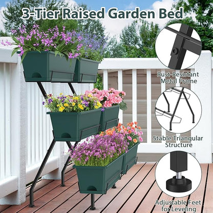Sunexinlo 3-Tier Vertical Garden Planter with 6 Boxes, 31" Tall Raised Garden Bed with Adjustable Feet for Herbs, Flowers, Vegetables, Ideal for Indoor, Outdoor, Patio, Balcony, Deck Use, Green