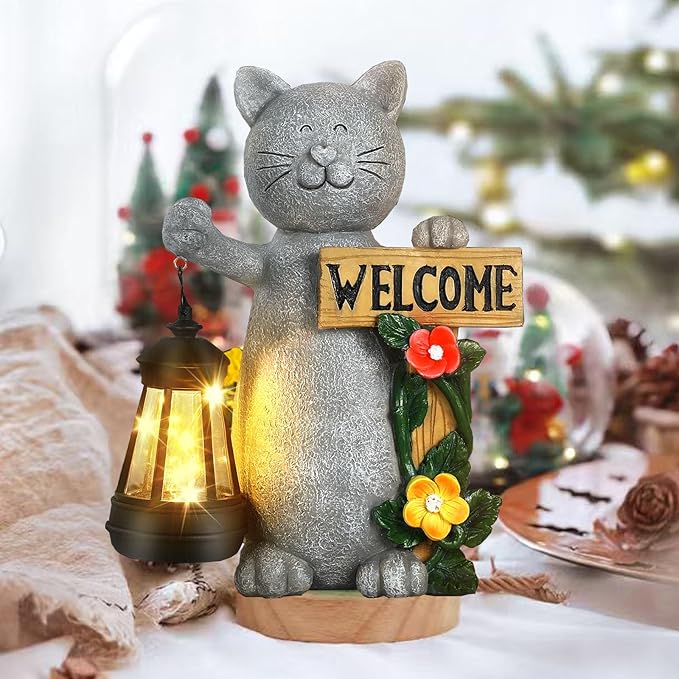 Solar Cat Statue Outdoor Decor-9.4" Welcome Garden with Sculpture Solar Lantern Flowers,Weatherproof Resin Art for Patio, Lawn,Yard Outside, for Women,Grandma,Adults,Kids,Cat Lovers