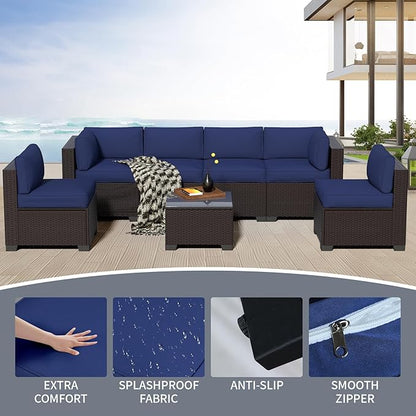 7-Piece Outdoor Sectional Patio Furniture Set, All-Weather Wicker Rattan Sofa w/Thick Washable Cushions & Tempered Glass Table, Perfect for Garden, Poolside, Backyard (7, Darkbrown&Navy Blue)