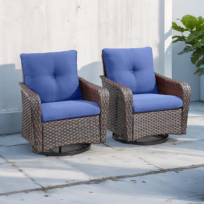 Rilyson Outdoor Patio Swivel Rocker Chairs - 2 PC Wicker Rattan Patio Rocker Glider Chair Set with High Back,Comfy Cushions and Deep Seating for Porch Deck Backyard Garden(Brown/Blue)