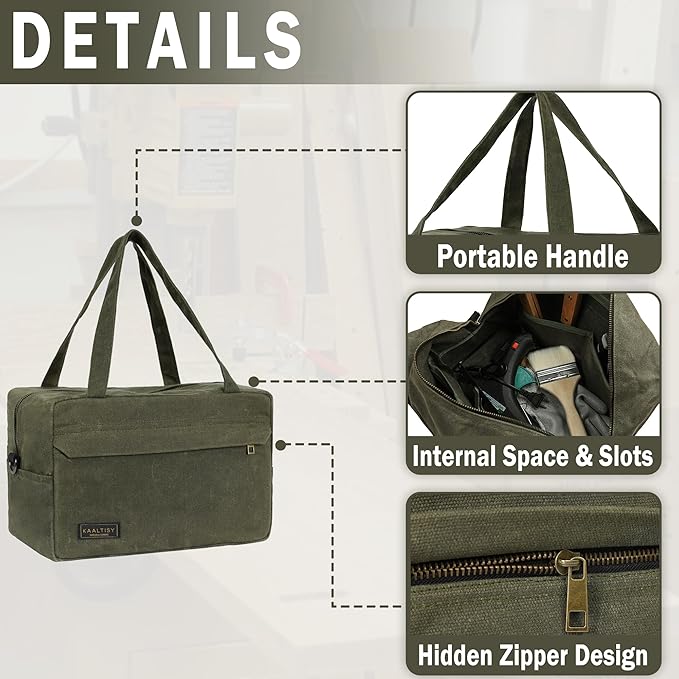 16OZ Waxed Canvas Tool Storage Bag, Heavy Duty Hand Tools Organizer with Hidden Zipper Pocket & 4 Internal Slots & Carrying Handle | Army Green | Multi-Purpose Tool Bag for Mechanic Electrics - S
