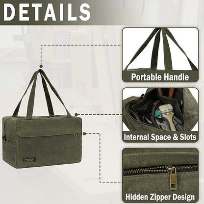 16OZ Waxed Canvas Tool Storage Bag, Heavy Duty Hand Tools Organizer with Hidden Zipper Pocket & 4 Internal Slots & Carrying Handle | Army Green | Multi-Purpose Tool Bag for Mechanic Electrics - S