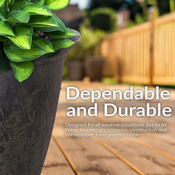 Sunnydaze 24-Inch Anjelica Large Plastic Pot for Plants - Double-Walled Outdoor Polyresin Round Planter Porch Pot with Drillable Drainage Holes - Sable - 4pk