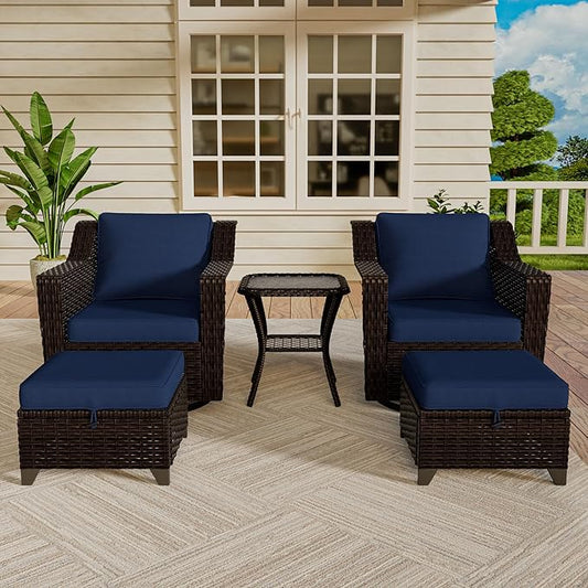 Vista Vibe 5 Pieces Outdoor Rattan Patio Conversation Furniture Set - 360 Degree Swivel Glider Rocker Chairs | Coffee Table | 2 Wicker Ottomans, Premium & Washable Cushions, Terrace (Brown/Navy)
