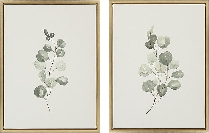 Kate and Laurel Sylvie Eucalyptus 4a & Eucalyptus 4b Framed Canvas Wall Art Set by Maja Mitrovic of Makes My Day Happy; 2 Piece 18x24 Gold; Chic Greenery Wall Décor