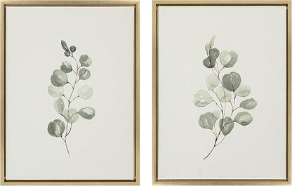 Kate and Laurel Sylvie Eucalyptus 4a & Eucalyptus 4b Framed Canvas Wall Art Set by Maja Mitrovic of Makes My Day Happy; 2 Piece 18x24 Gold; Chic Greenery Wall Décor