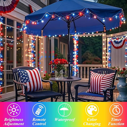 LitHome 100 LED Solar Christmas String Lights Outdoor, 33FT 34Colors Changing Solar/USB Red White Blue Lights Waterproof with Remote, 102 Modes 4th of July Light for Tree Garden Party Holiday Decor