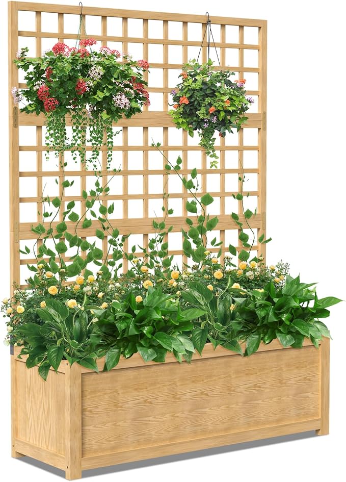 DoCred Raised Garden Bed with Trellis, Freestanding Wood Planter Box with Trellis, Above Ground Elevated Garden Bed Outdoor Planter for Climbing Plants Vines Patio Decor