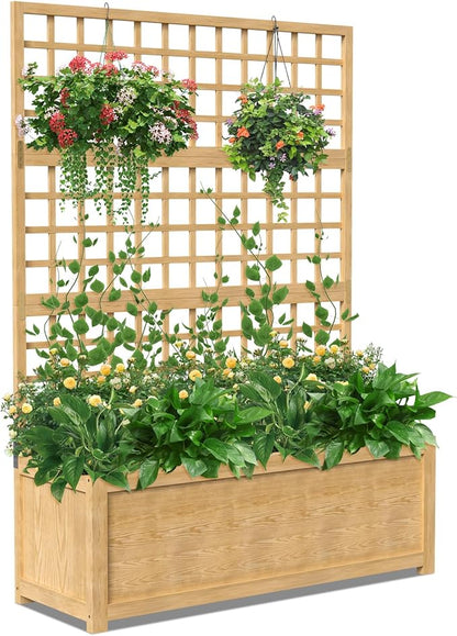 DoCred Raised Garden Bed with Trellis, Freestanding Wood Planter Box with Trellis, Above Ground Elevated Garden Bed Outdoor Planter for Climbing Plants Vines Patio Decor