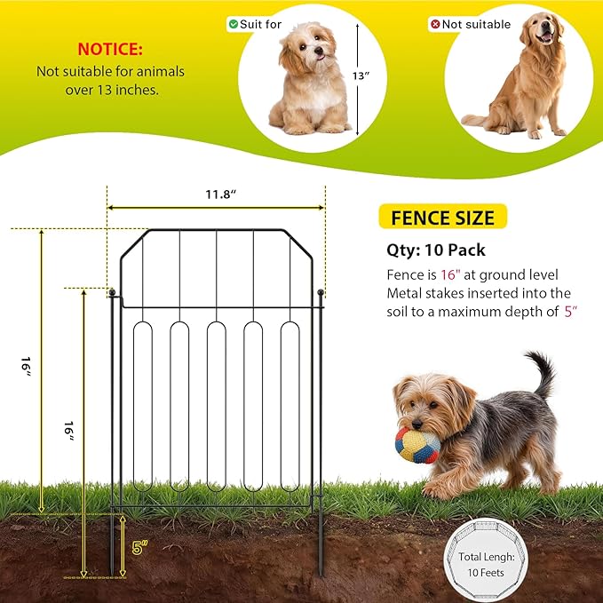 VANCASTLE Decorative Garden Fence, Toatal 10FT(L) x 21IN(H) Outdoor Metal No Dig Fence Animal Barrier, Rustproof No-Tool Assembly Landscape Edging for Yard, Lawn, Patio, Flower Bed-10 Panels Design I