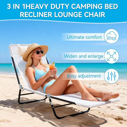 Outdoor Chaise Lounge with Detachable Pillow, Reclining Folding Chair with 5-Position Adjustable Back, Portable Tanning Chair For Beach, Pool, Lawn, Breathable Mesh Seat, No Assembly (Cream White)