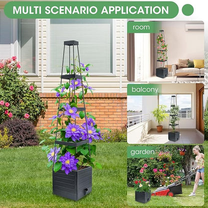 MQUPIN Tomato Planter Box with Trellis for Garden, 57 Inch Self-Watering Raised Garden Bed, Patio Tomato Cage for Climbing Vegetables & Flowers, Upgraded Tomato Pot for Indoor Outdoor Use(1 Pack)