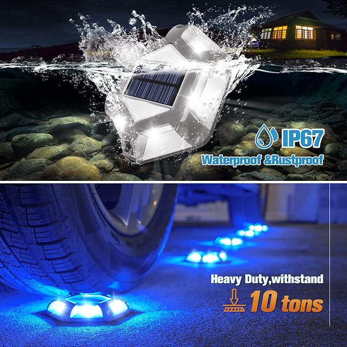 VOLISUN Solar Dock Lights, 16-Pack Waterproof Outdoor LED Aluminum Dock Lighting Warning Step Lights for Driveway (Blue+White, 2 Colors in 1)