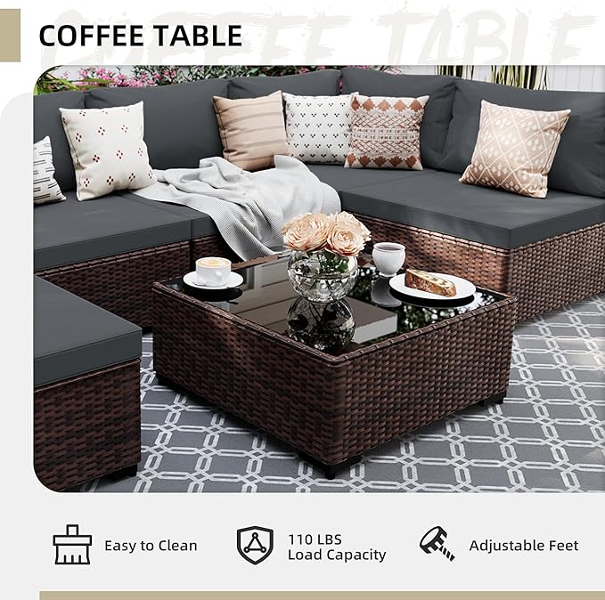 UPHA 10 Pieces Patio Furniture Sets Outdoor Sectional Sofa Wicker Conversation Couch with Bistro Swivel Chair for Decks, Backyards, Gardens, Brown Rattan, Dark Gray Cushion