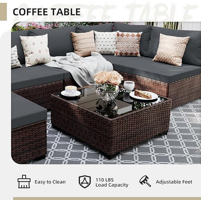 UPHA 10 Pieces Patio Furniture Sets Outdoor Sectional Sofa Wicker Conversation Couch with Bistro Swivel Chair for Decks, Backyards, Gardens, Brown Rattan, Dark Gray Cushion