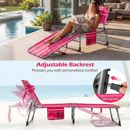 GYMAX Tanning Chair with Face Hole, Sun Bathing Lounge Chairs for Outside with Side Pocket, Folding Portable Face Down Layout Tanning Chair Beach, Backyard, Poolside, Lawn (Pink Stripe,1)