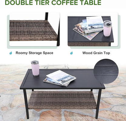 EAGLE PEAK 4 Piece Mojave Dusk Outdoor Conversation Set, Patio Wicker Furniture, Loveseat, 2 Patio Chairs and Coffee Table, Brown/Blue