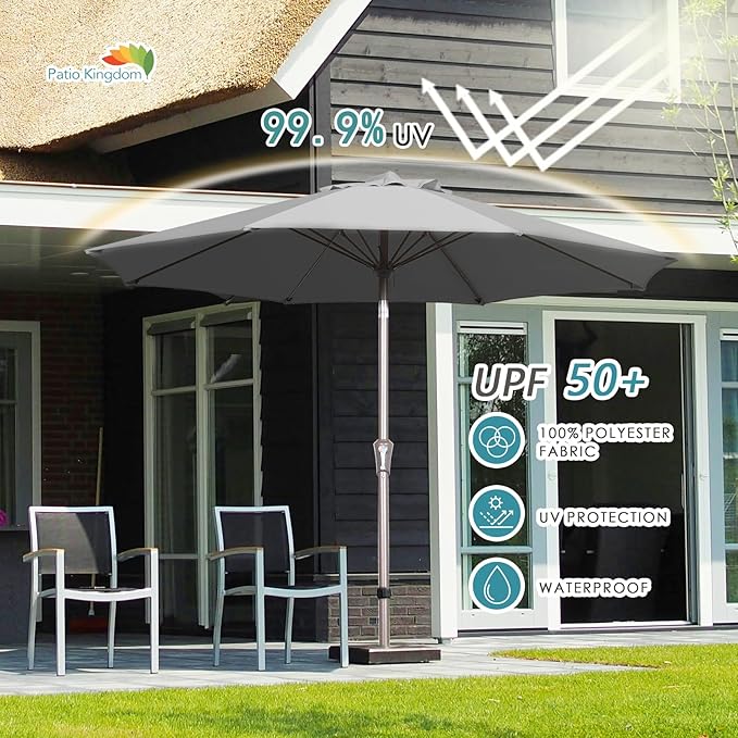PatioKingdom 9FT Patio Outdoor Umbrella-UPF 50+ Sun Shade with Wind Vent, Push-Button Tilt & Smooth Crank Lift, Rust-Resistant Fiberglass Frame for Garden, Backyard,Yard (Gray, 9FT)