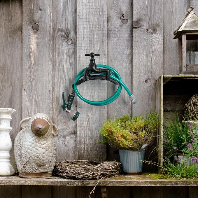 MyGift Brown Heavy Duty Cast Iron Outdoor Garden Hose Hanger Wall Mounted Water Hose Holder Reel with Vintage Scrollwork Design (Spigot Design)
