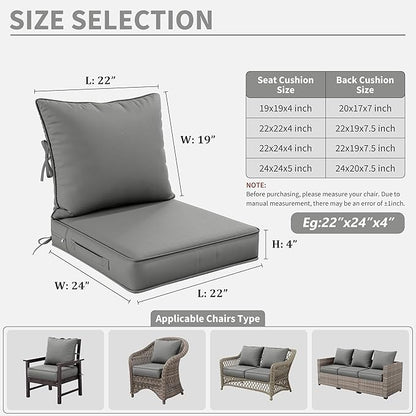 Premium Outdoor Seat Cushion Chair Cushions for Patio Furniture 22 L X 24 W X 4 H Waterproof & Fade Resistant Deep Seat and Backrest Cushion Set with Removable Covers for Chair, Sofa