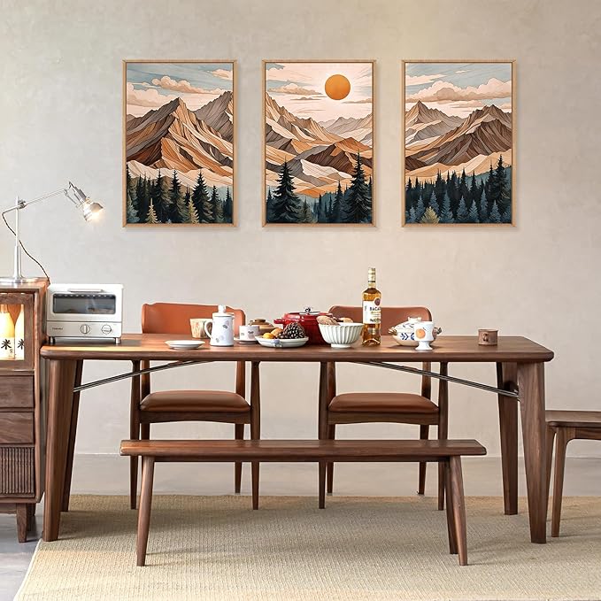 KAIRNE Vintage Mountain Framed Canvas Wall Art Set,Boho Pine Tree Forest Wall Decor,Woodcut Wilderness Landscape Art Prints,Nature Sunrise Artwork for Living Room,Bedroom,Farmhouse,Office-24 x36 x3