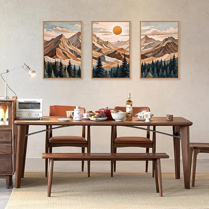 KAIRNE Vintage Mountain Framed Canvas Wall Art Set,Boho Pine Tree Forest Wall Decor,Woodcut Wilderness Landscape Art Prints,Nature Sunrise Artwork for Living Room,Bedroom,Farmhouse,Office-24 x36 x3