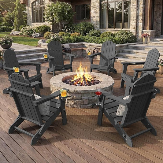 Adirondack Chairs Set of 6, Fire Pit Chairs, Wood Texture Patio Chairs with 2 Cup Holder, Outdoor Lawn Chair, Grey